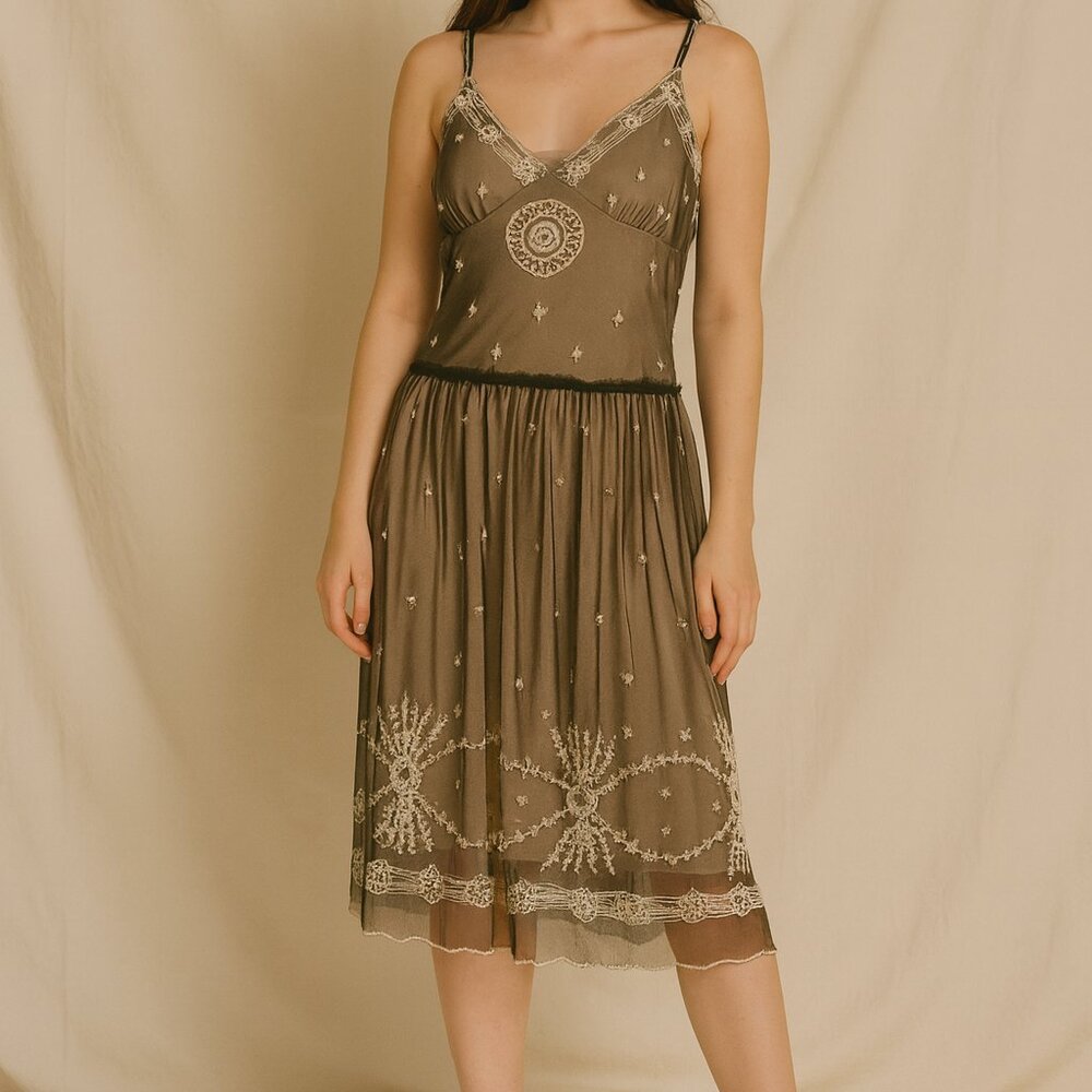 Newport News Embroidered Overlay Midi Dress Black And Cream Size M Y2K Romance